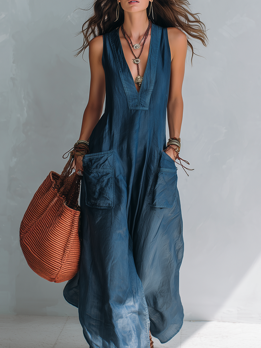 Sundae | Chambray V-Neck Wide-Leg Jumpsuit