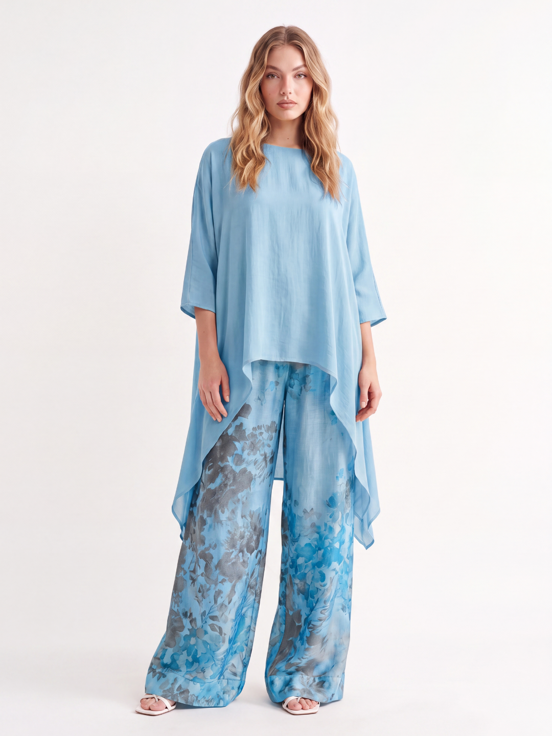 IONE Women's Asymmetric Top and Floral Print Wide Leg Pants Set
