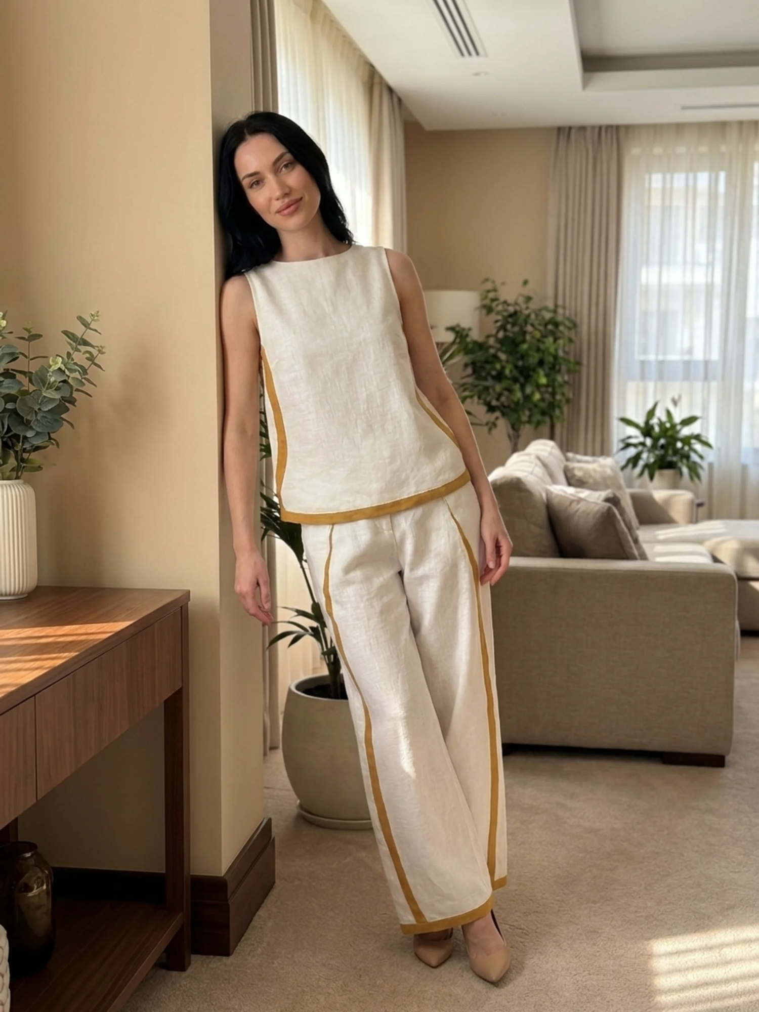 RHIANNON Women's Sleeveless Contrast Trim Linen Top and Wide Leg Trouser Set