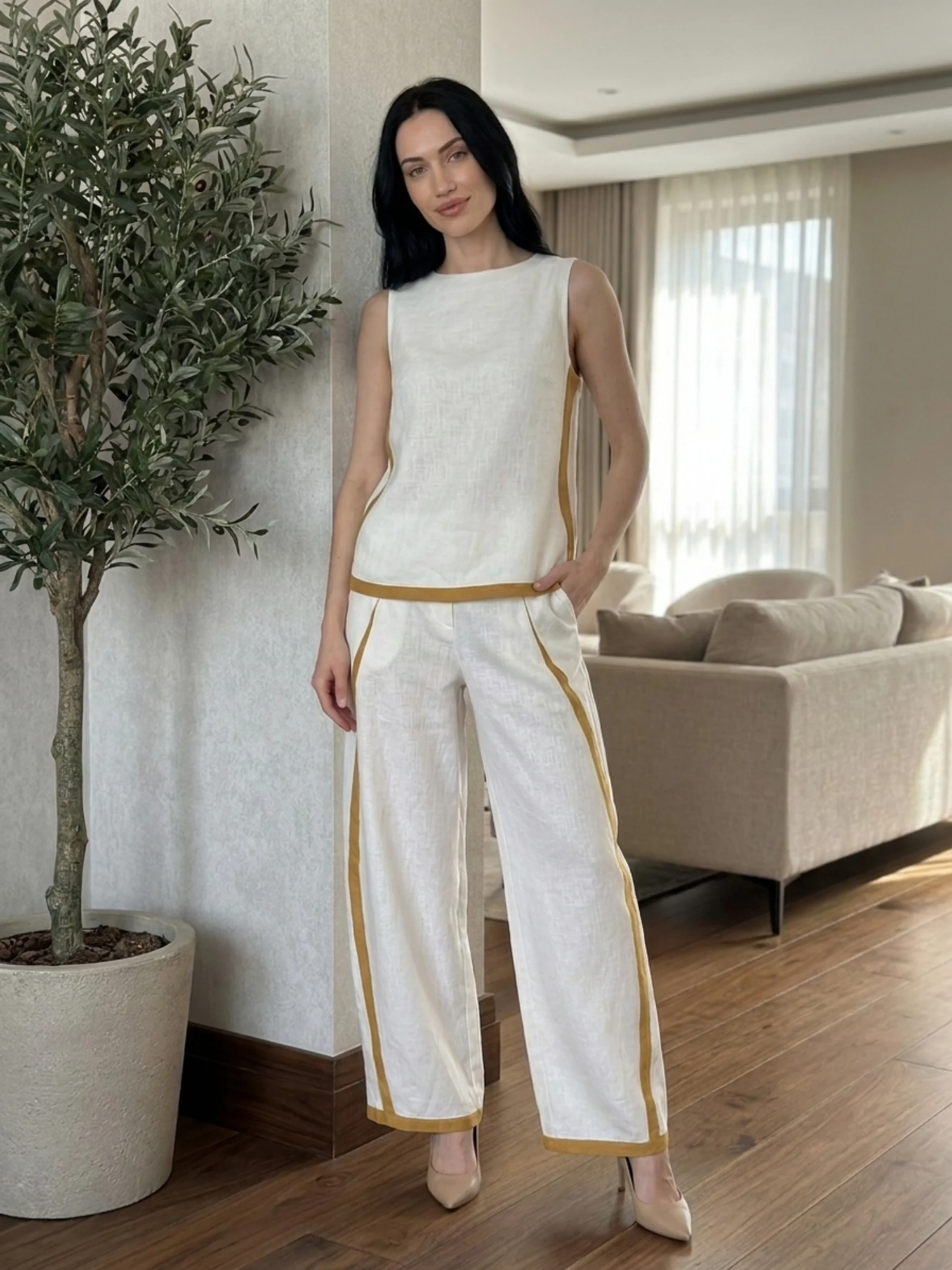 RHIANNON Women's Sleeveless Contrast Trim Linen Top and Wide Leg Trouser Set
