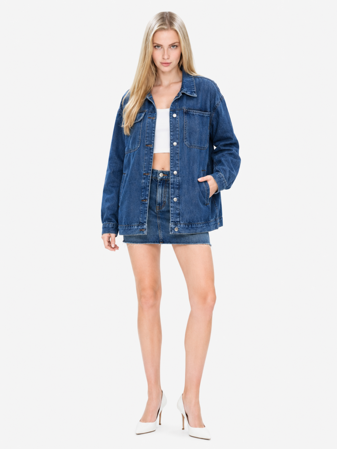 YARETZI Women's Long Sleeve Washed Denim Button-Front Shacket