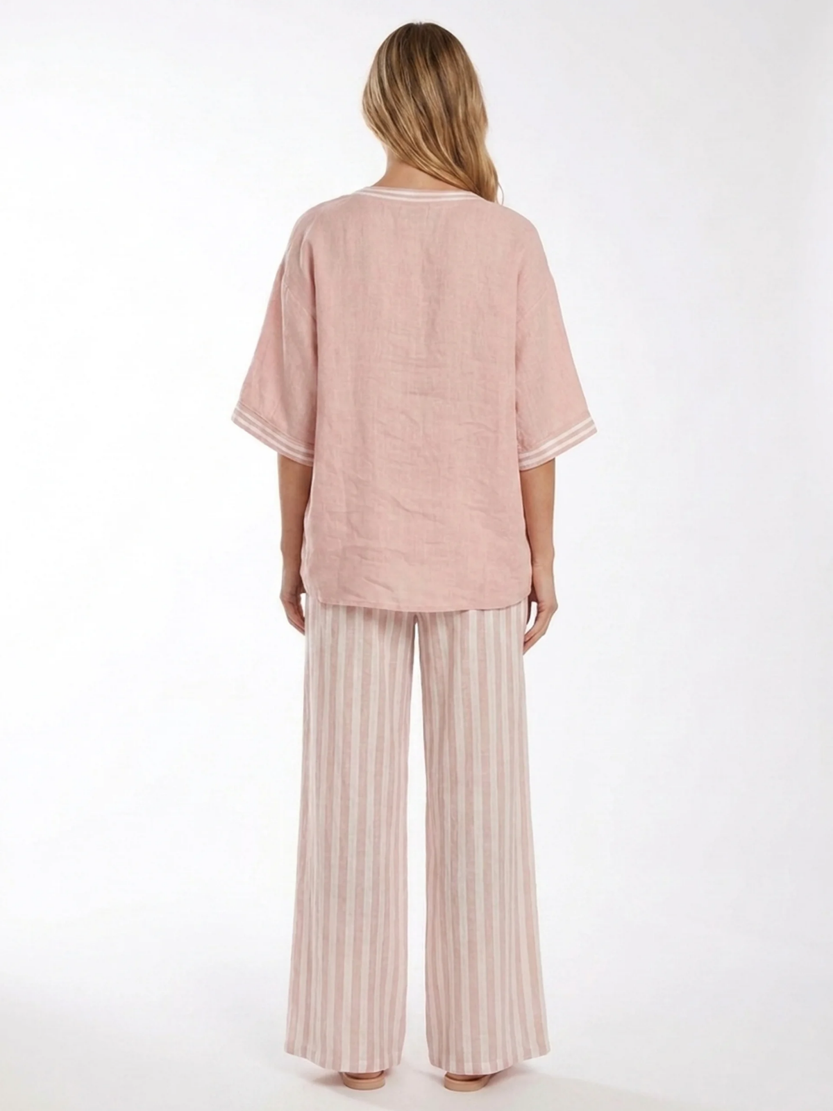DAHLIA Women's V-Neck Top and Striped Wide-Leg Trouser Set