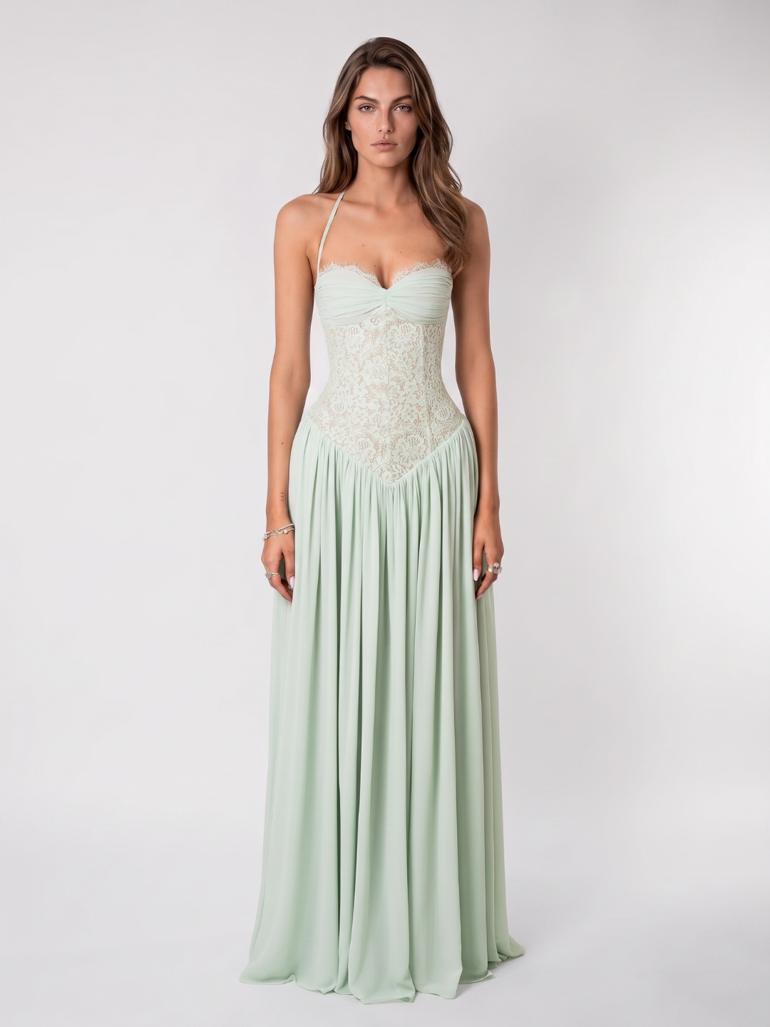 Emery | Lace Corset Halter Flowing Maxi Dress