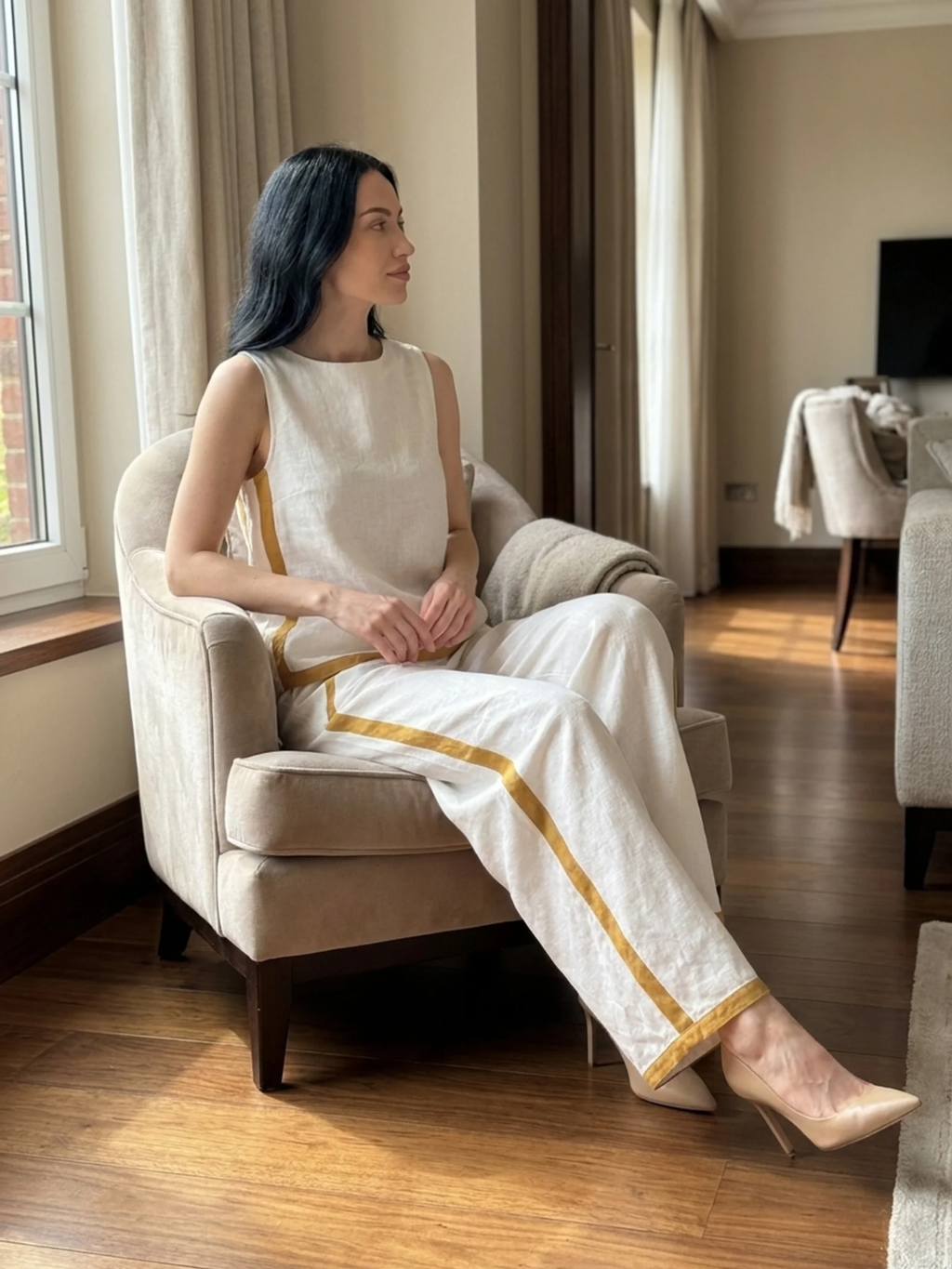 RHIANNON Women's Sleeveless Contrast Trim Linen Top and Wide Leg Trouser Set