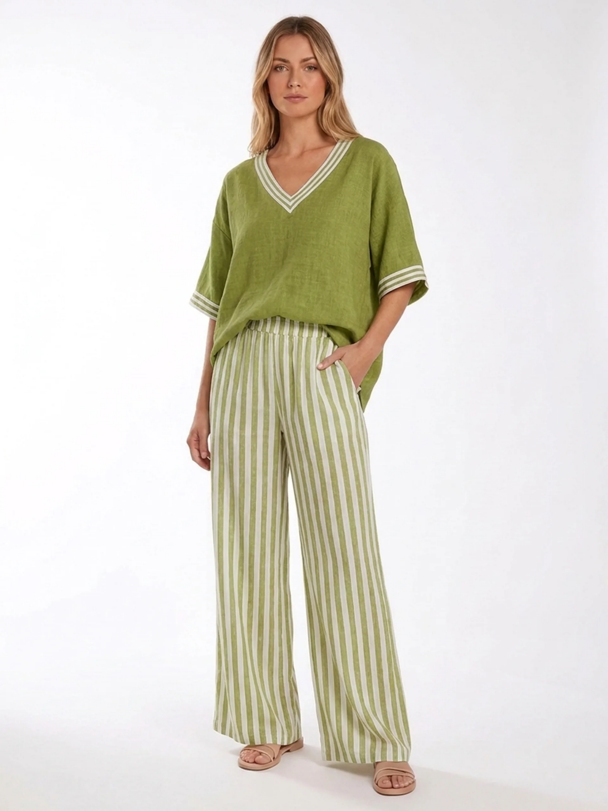DAHLIA Women's V-Neck Top and Striped Wide-Leg Trouser Set