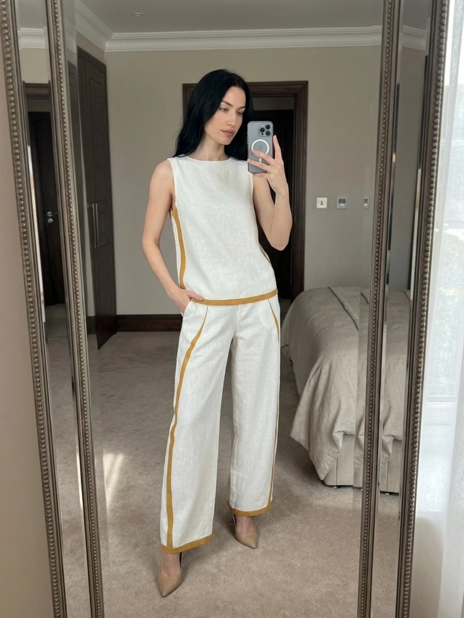 RHIANNON Women's Sleeveless Contrast Trim Linen Top and Wide Leg Trouser Set