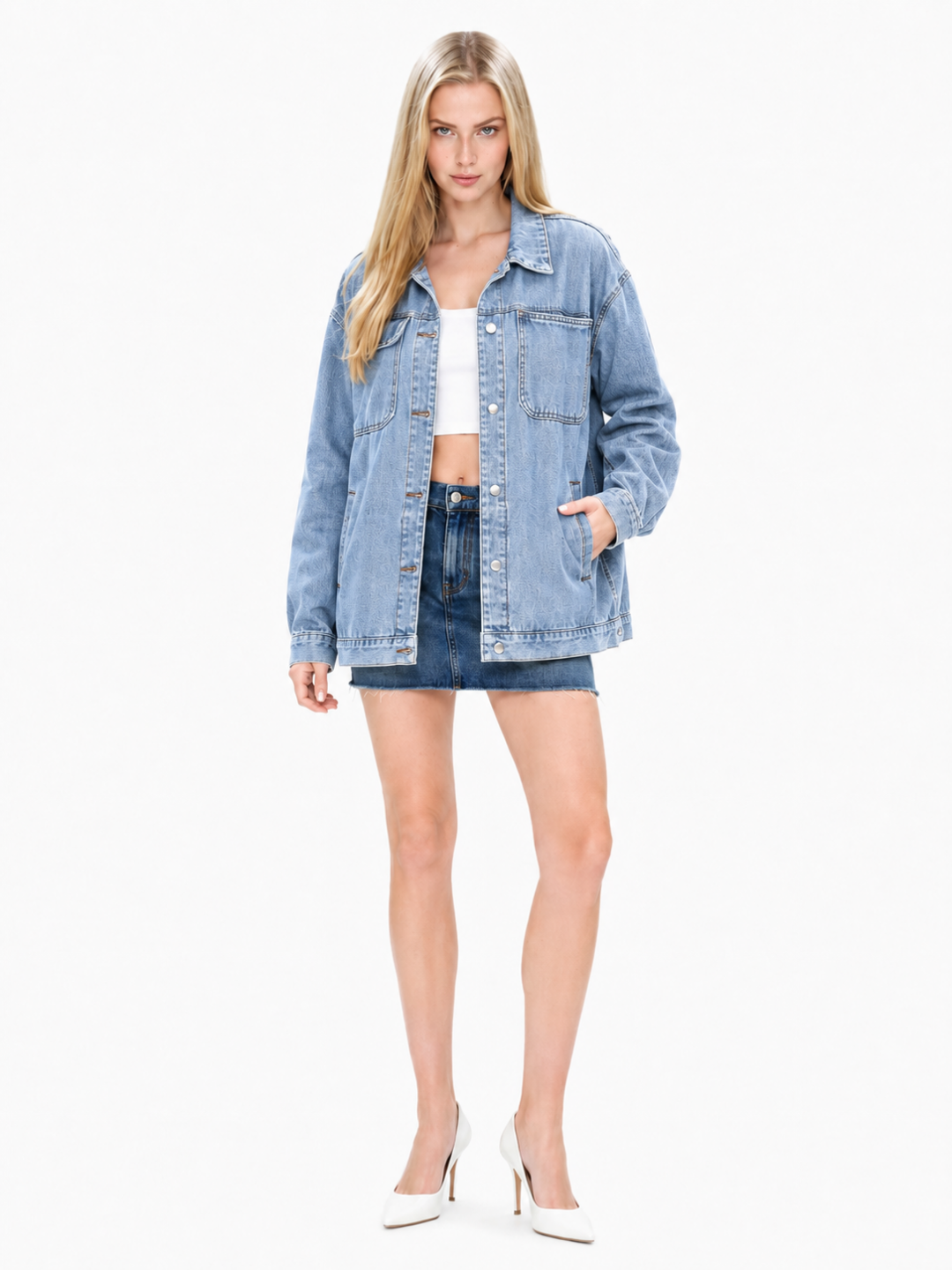 YARETZI Women's Long Sleeve Washed Denim Button-Front Shacket