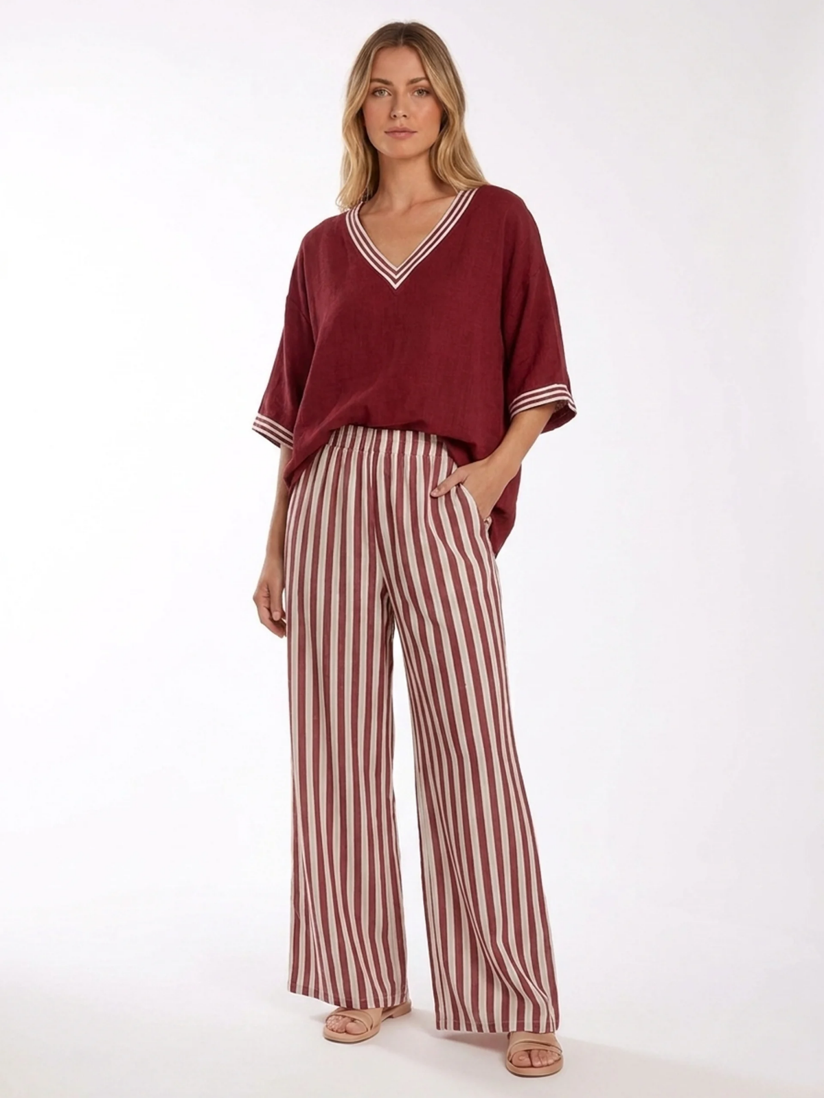 DAHLIA Women's V-Neck Top and Striped Wide-Leg Trouser Set