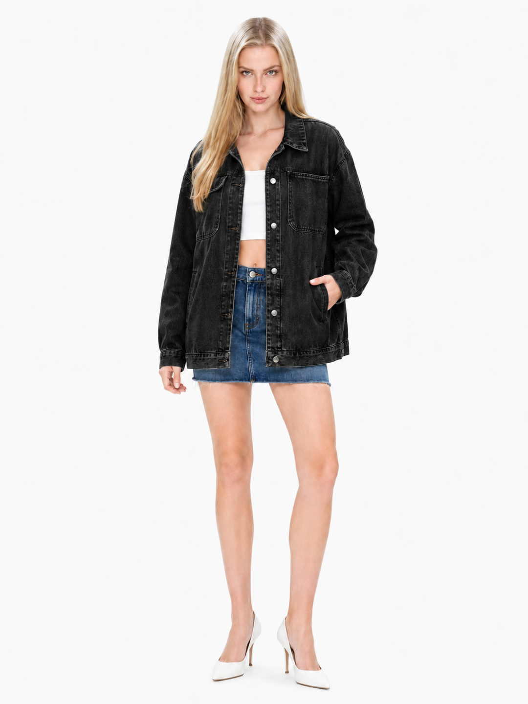 YARETZI Women's Long Sleeve Washed Denim Button-Front Shacket