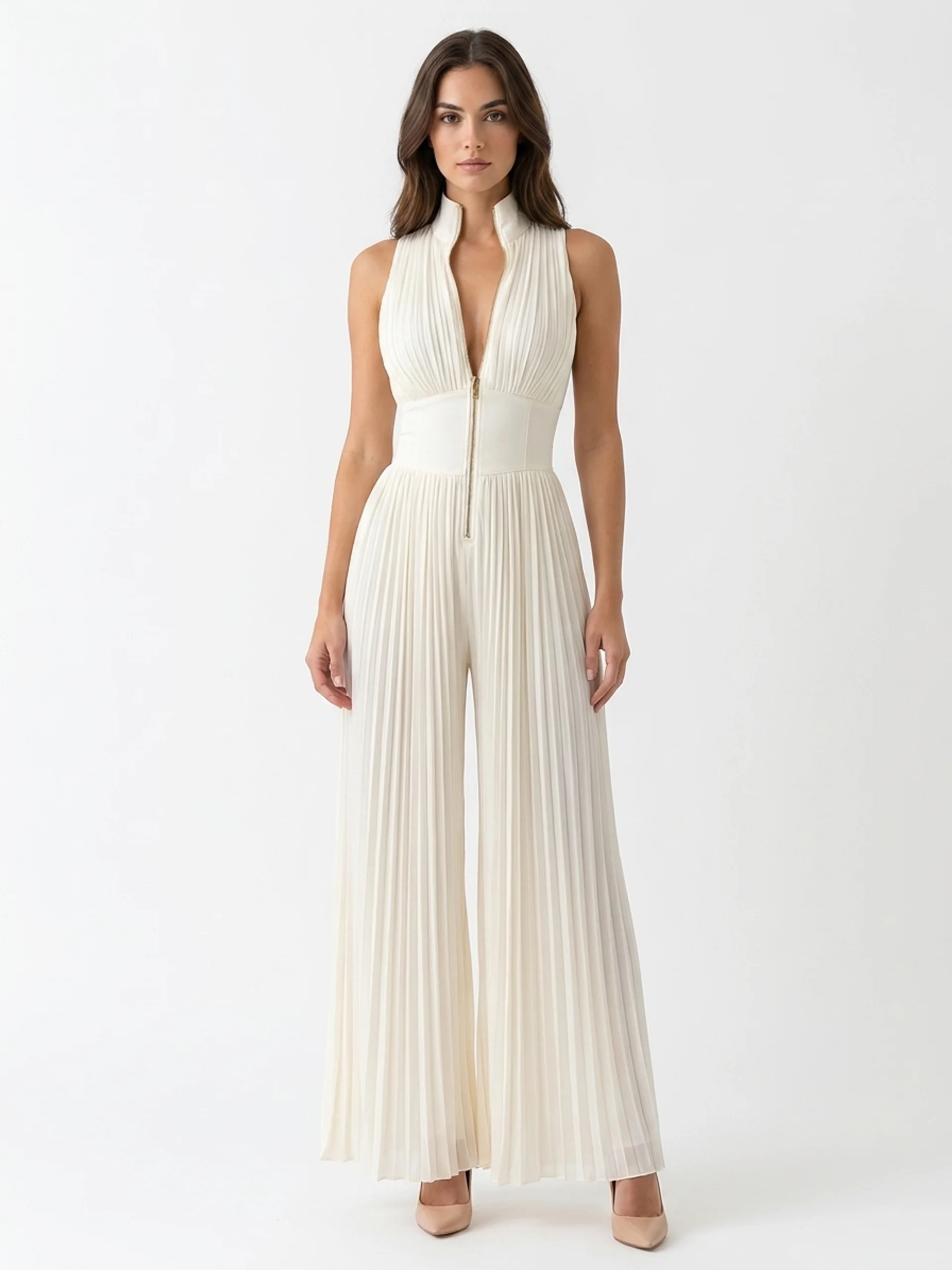 SABINE Women's Deep V-Neck Pleated Wide Leg Jumpsuit