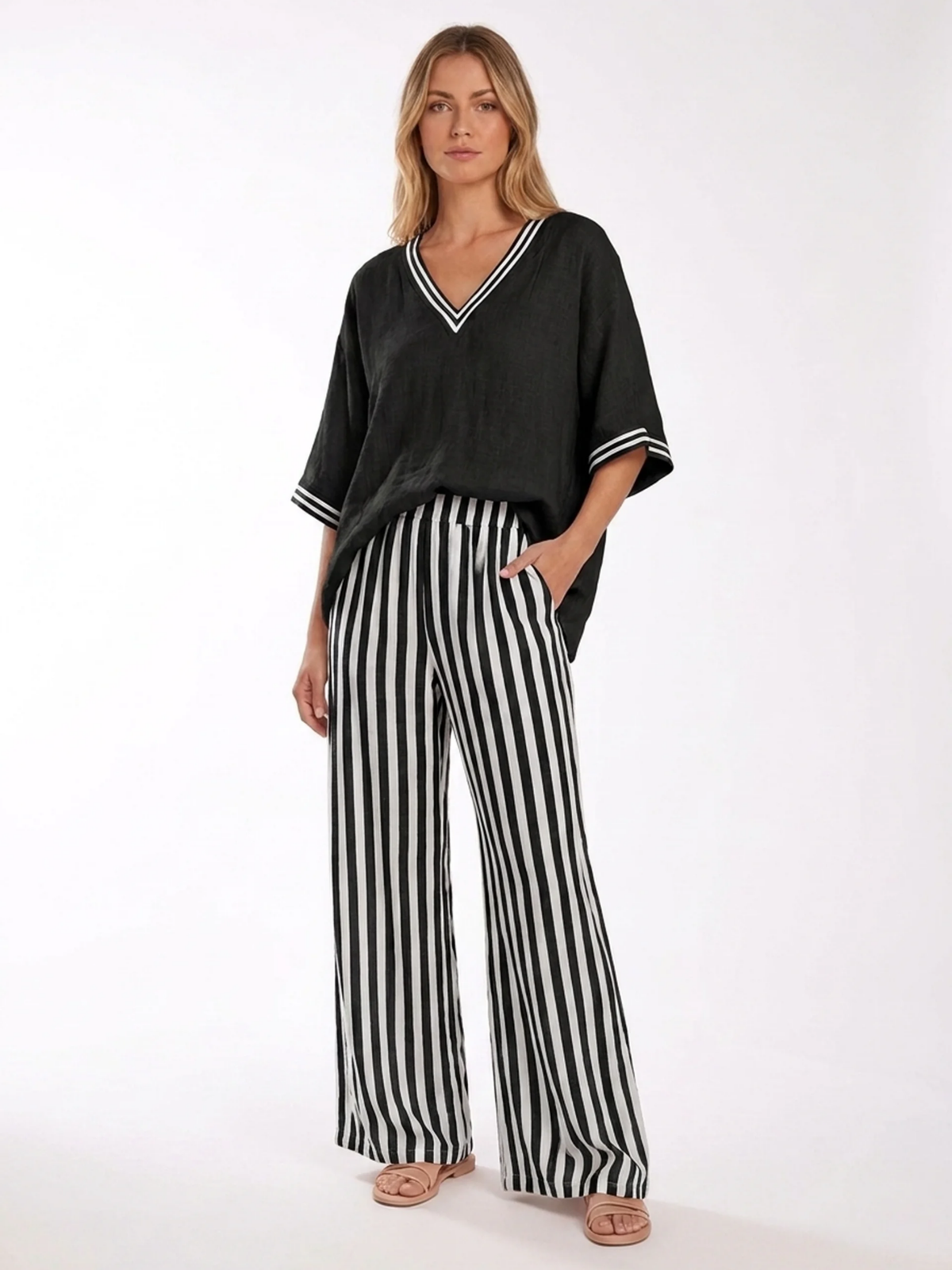 DAHLIA Women's V-Neck Top and Striped Wide-Leg Trouser Set