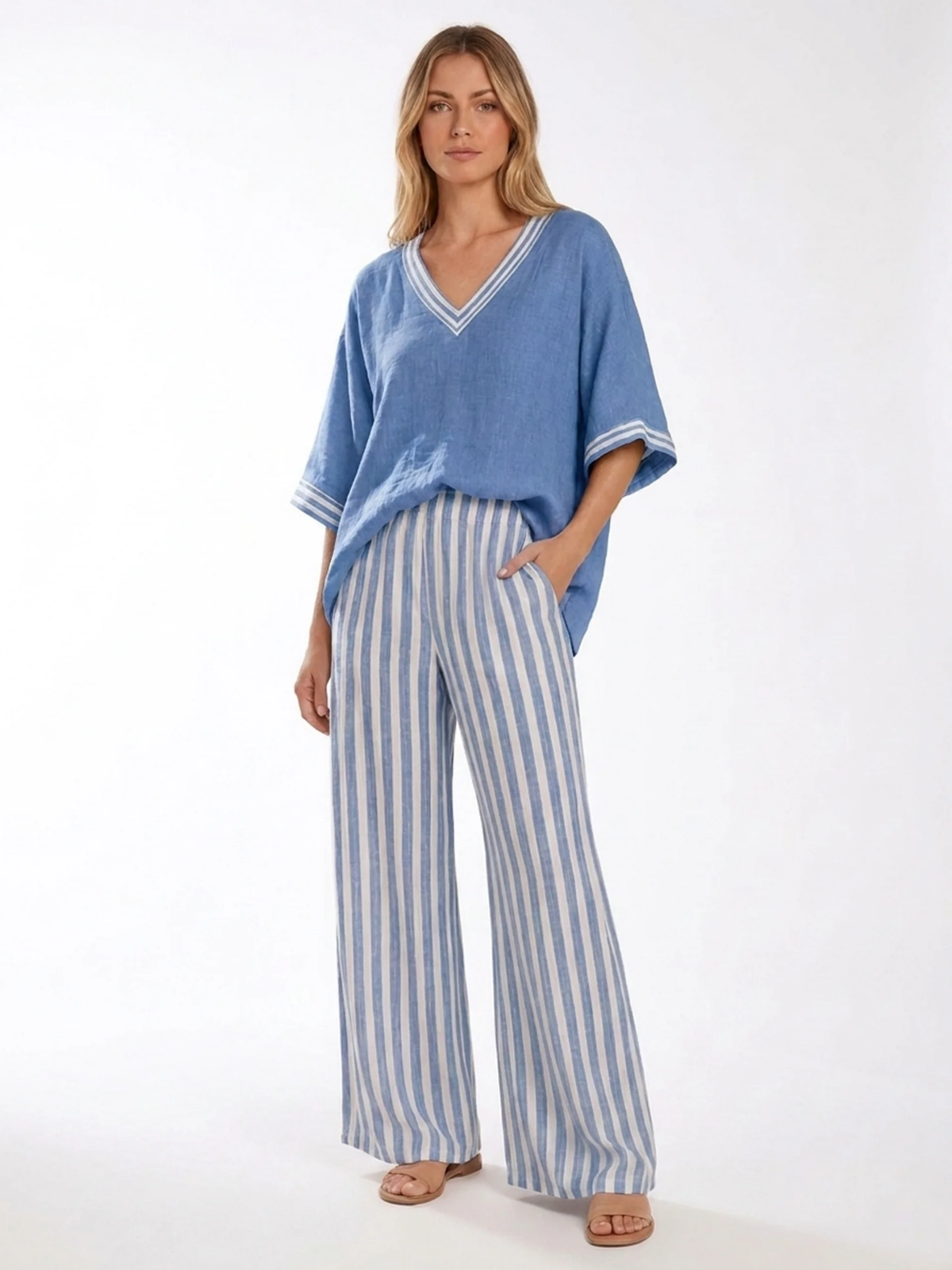 DAHLIA Women's V-Neck Top and Striped Wide-Leg Trouser Set