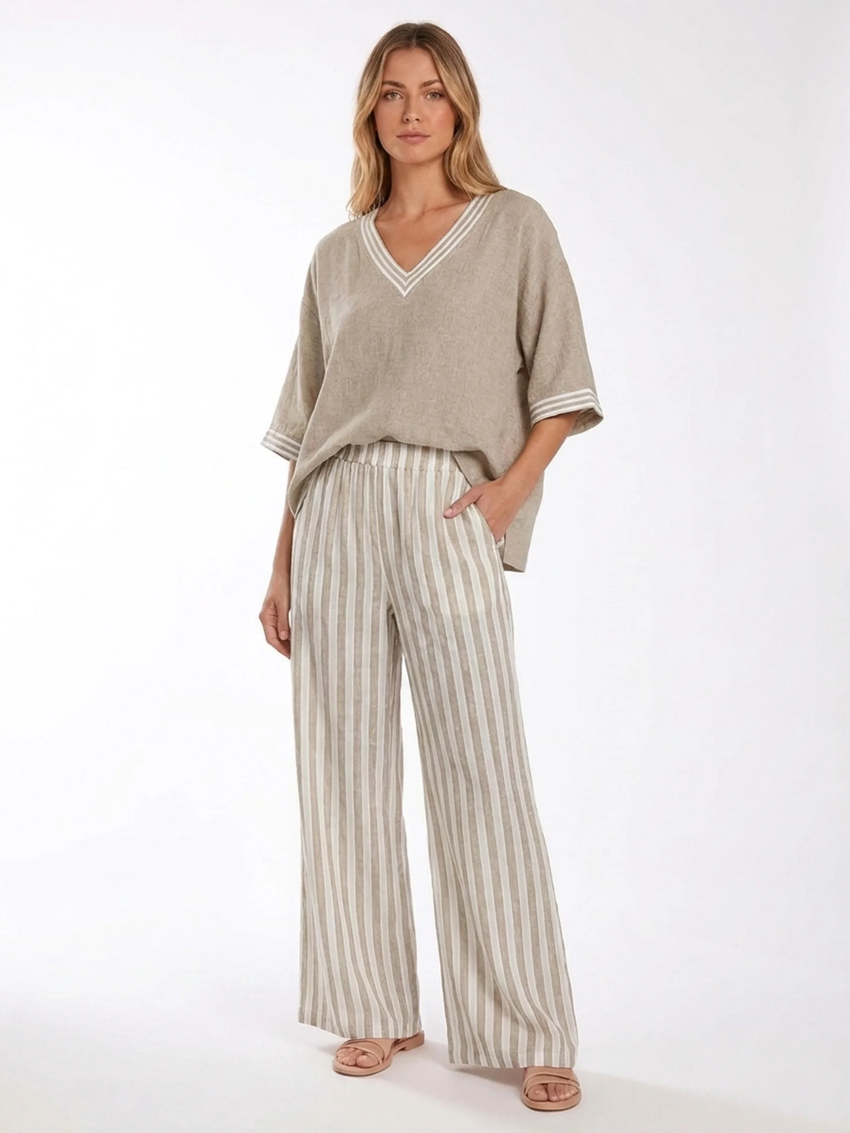 DAHLIA Women's V-Neck Top and Striped Wide-Leg Trouser Set