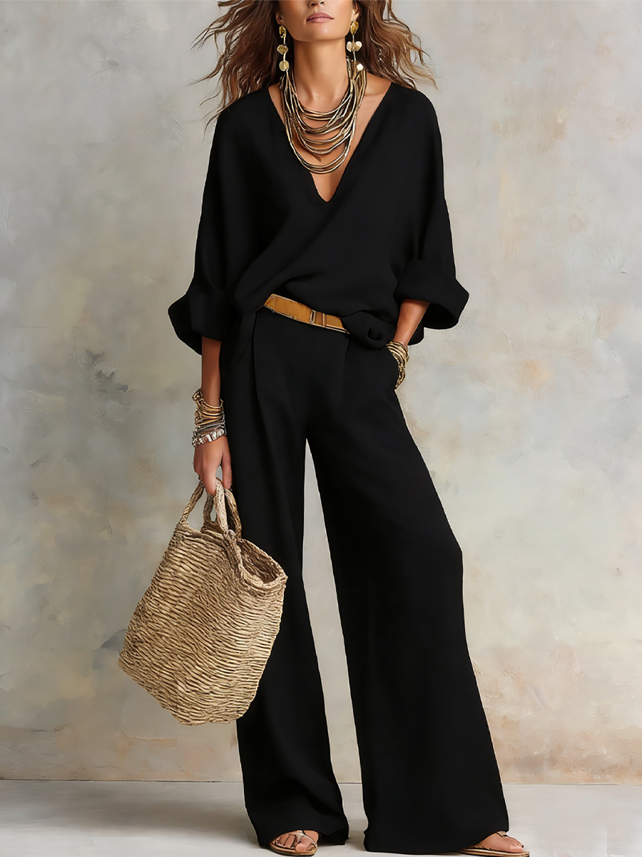 Robin | Linen V-Neck Wide-Leg Co-ord Set