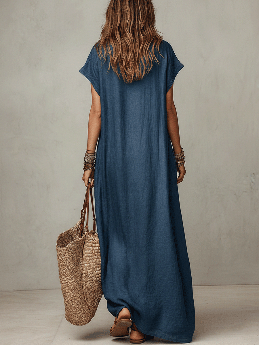 Polly | Linen V-Neck Caftan Maxi Dress