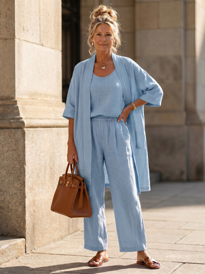 Delaney | Linen Tank Wide-Leg Pant Kimono 3-Piece Co-ord Set