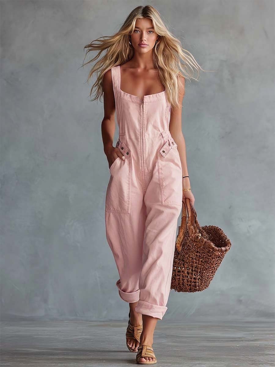 Sloane | Denim Cargo Square-Neck Jumpsuit