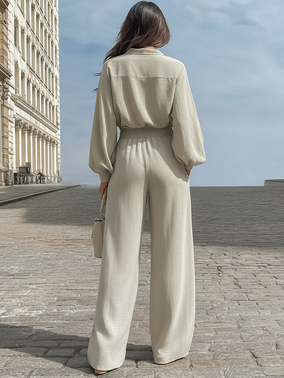 Nadia | Linen Collared V-Neck Wide-Leg Co-ord Set