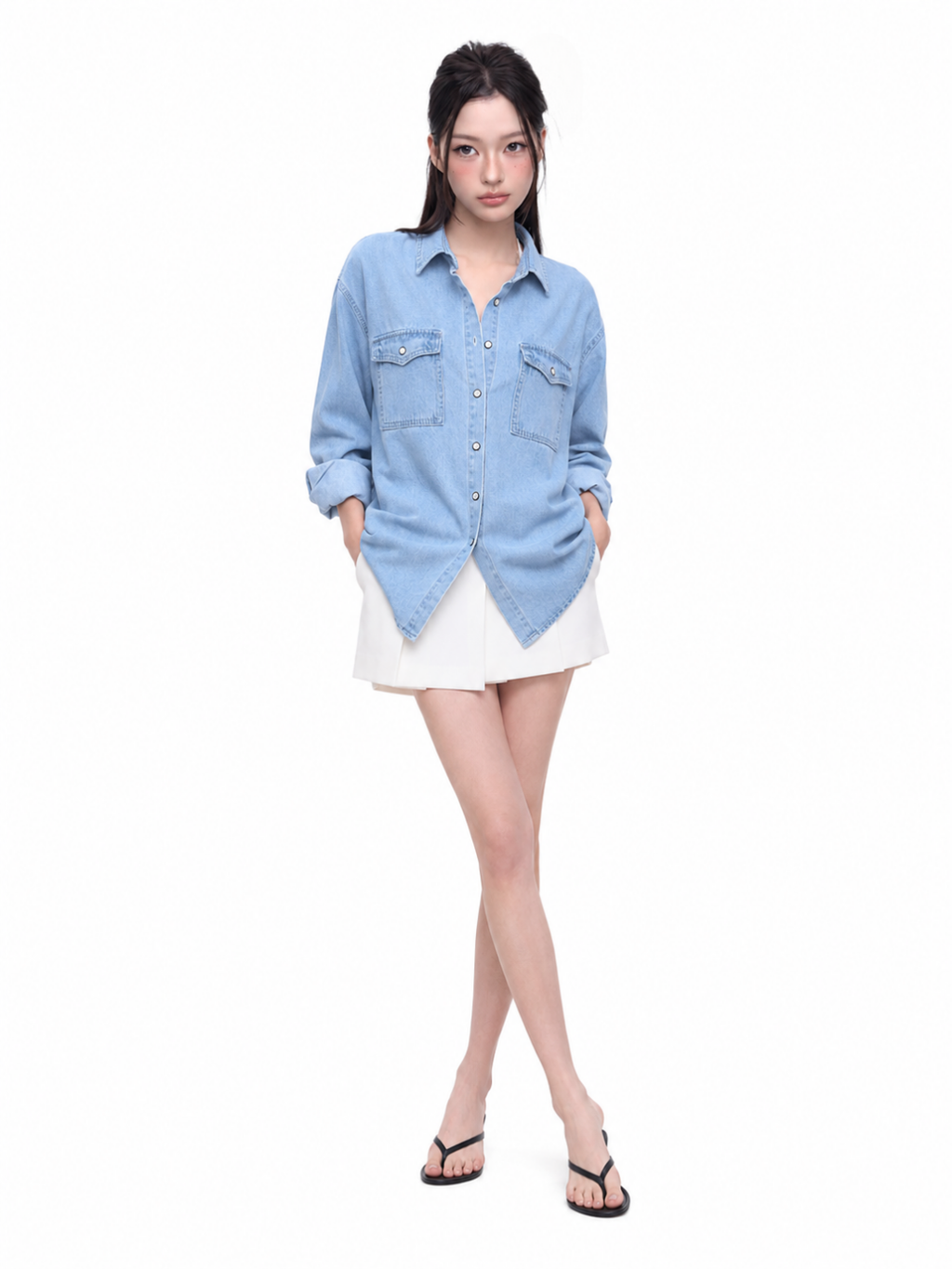 ZARIA Women's Long Sleeve Washed Denim Button-Front Shirt