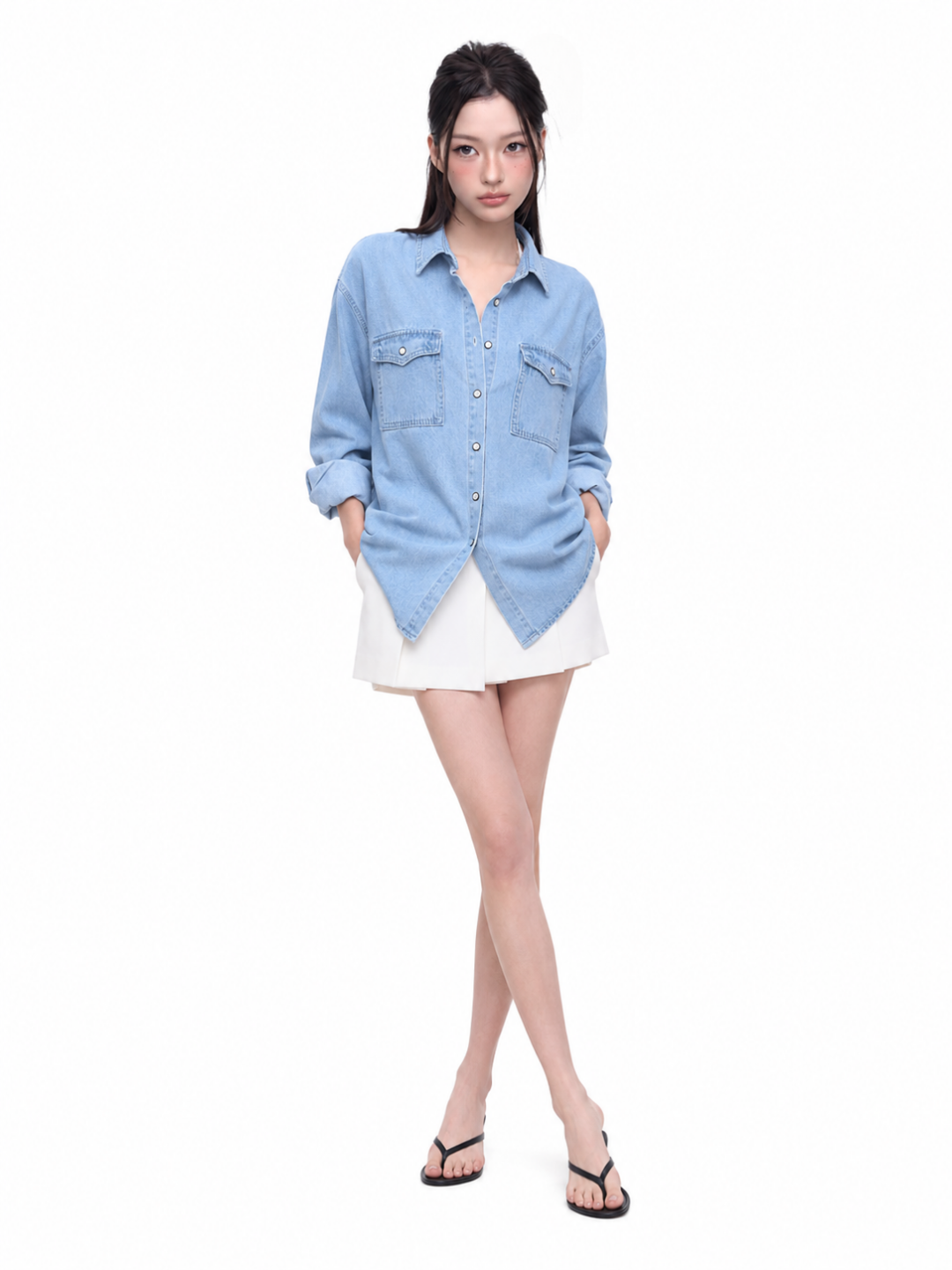 ZARIA Women's Long Sleeve Washed Denim Button-Front Shirt