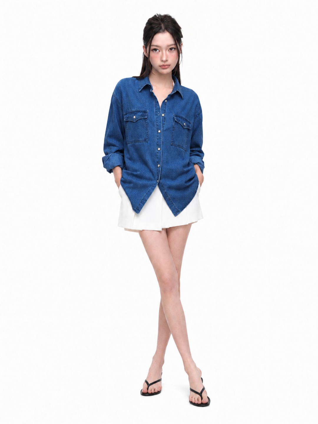 ZARIA Women's Long Sleeve Washed Denim Button-Front Shirt