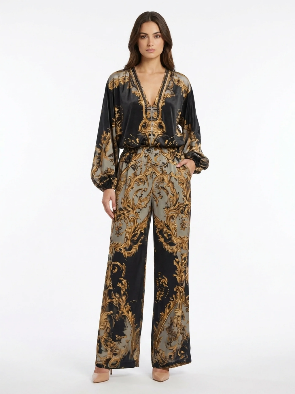 THOMASINA Women's V-Neck Baroque Print Wide Leg Trouser Set
