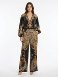 THOMASINA Women's V-Neck Baroque Print Wide Leg Trouser Set