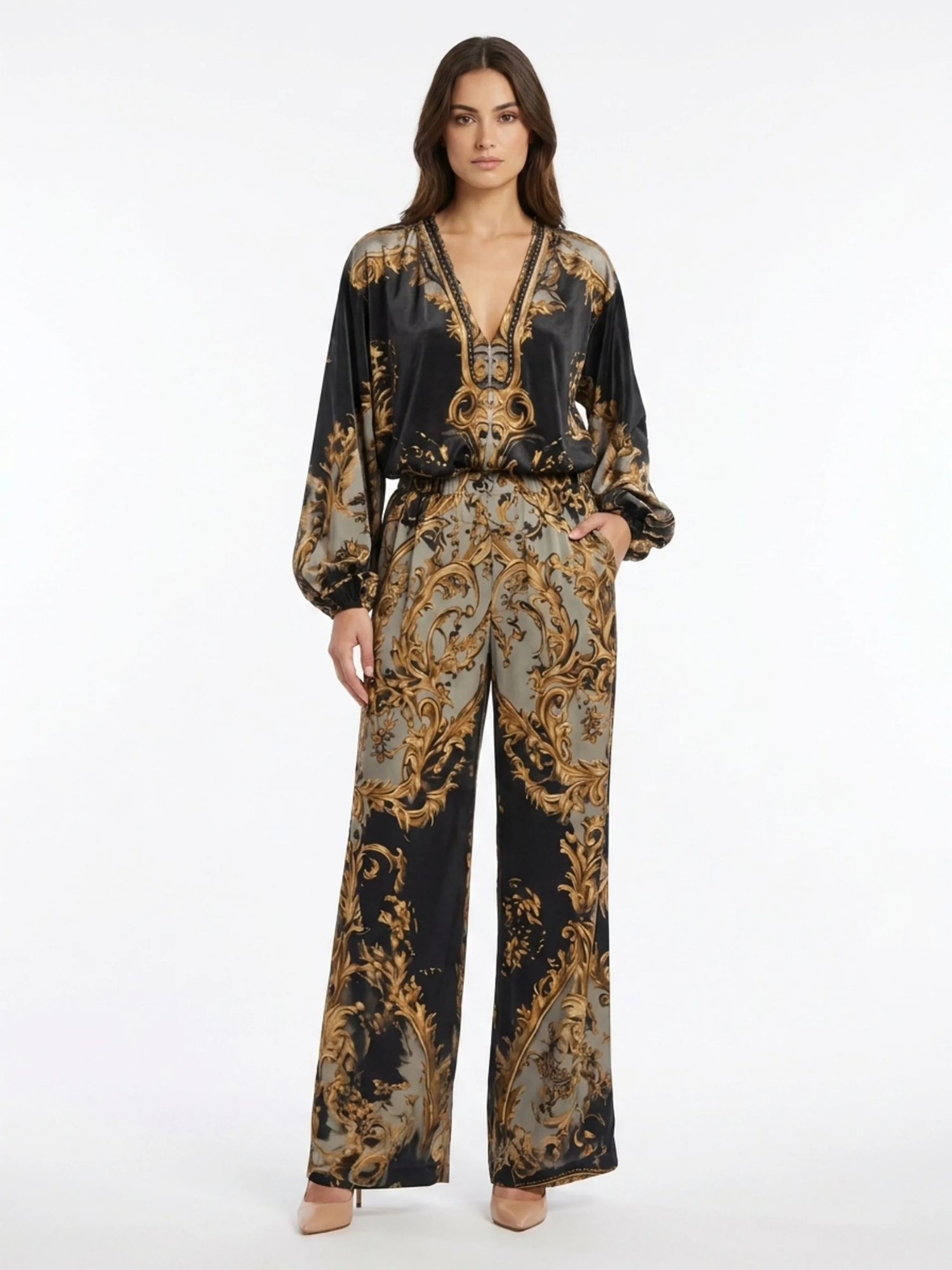 THOMASINA Women's V-Neck Baroque Print Wide Leg Trouser Set