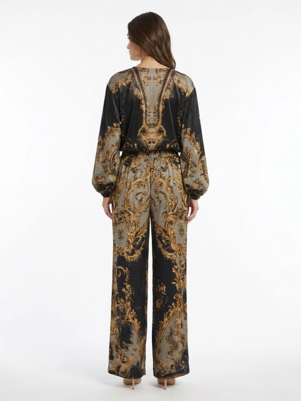THOMASINA Women's V-Neck Baroque Print Wide Leg Trouser Set