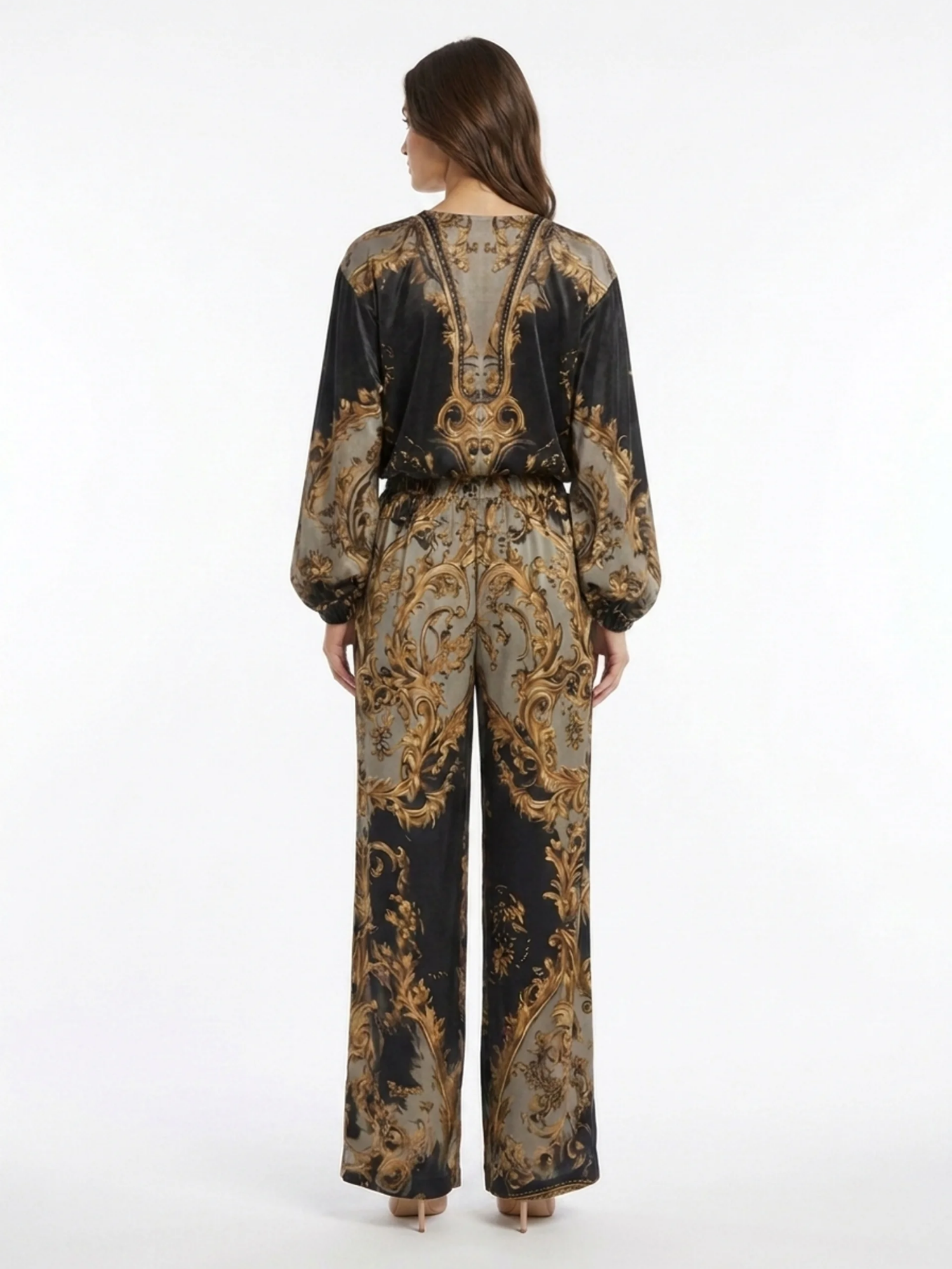 THOMASINA Women's V-Neck Baroque Print Wide Leg Trouser Set