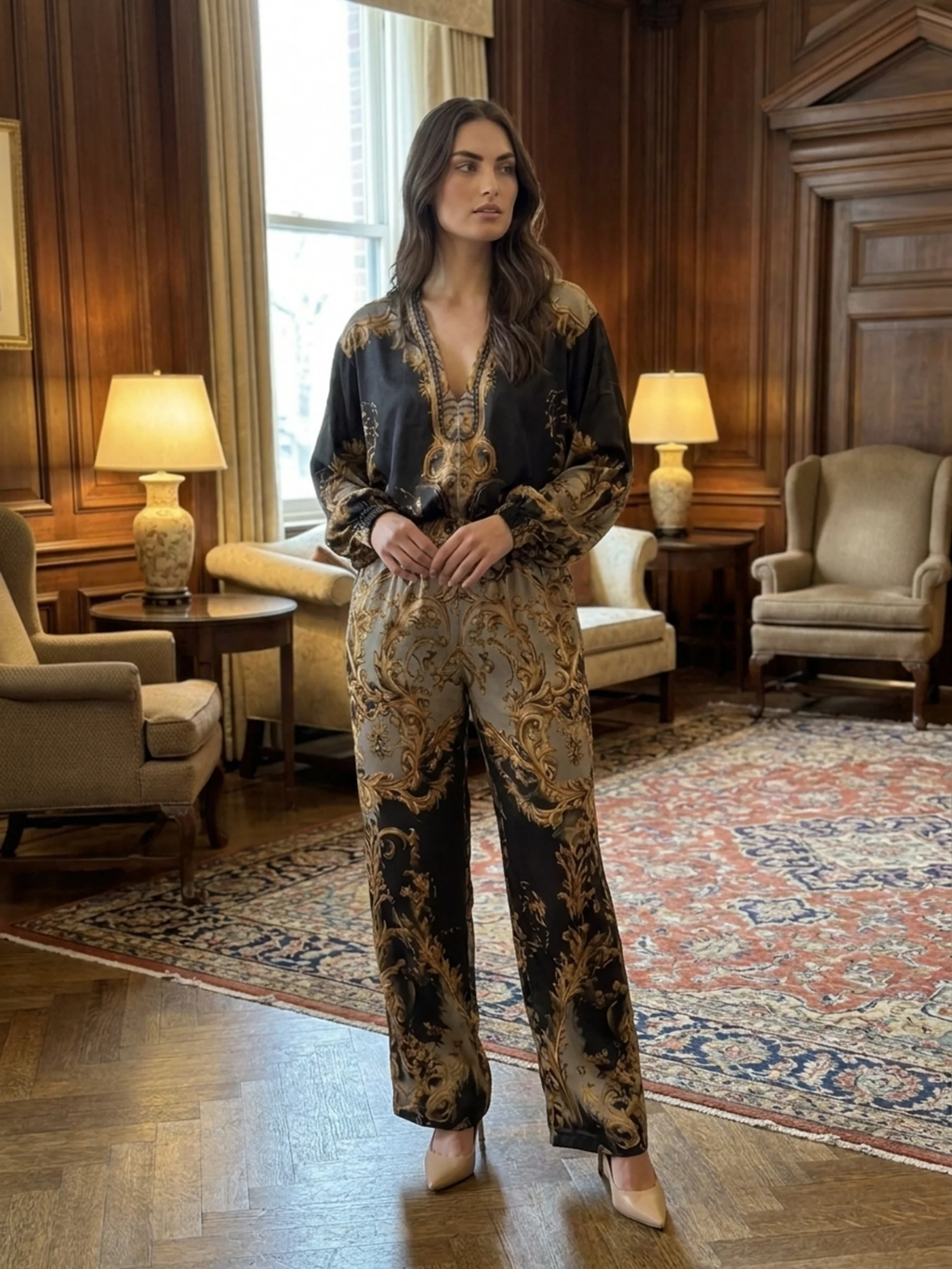 THOMASINA Women's V-Neck Baroque Print Wide Leg Trouser Set