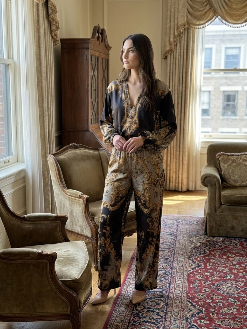 THOMASINA Women's V-Neck Baroque Print Wide Leg Trouser Set