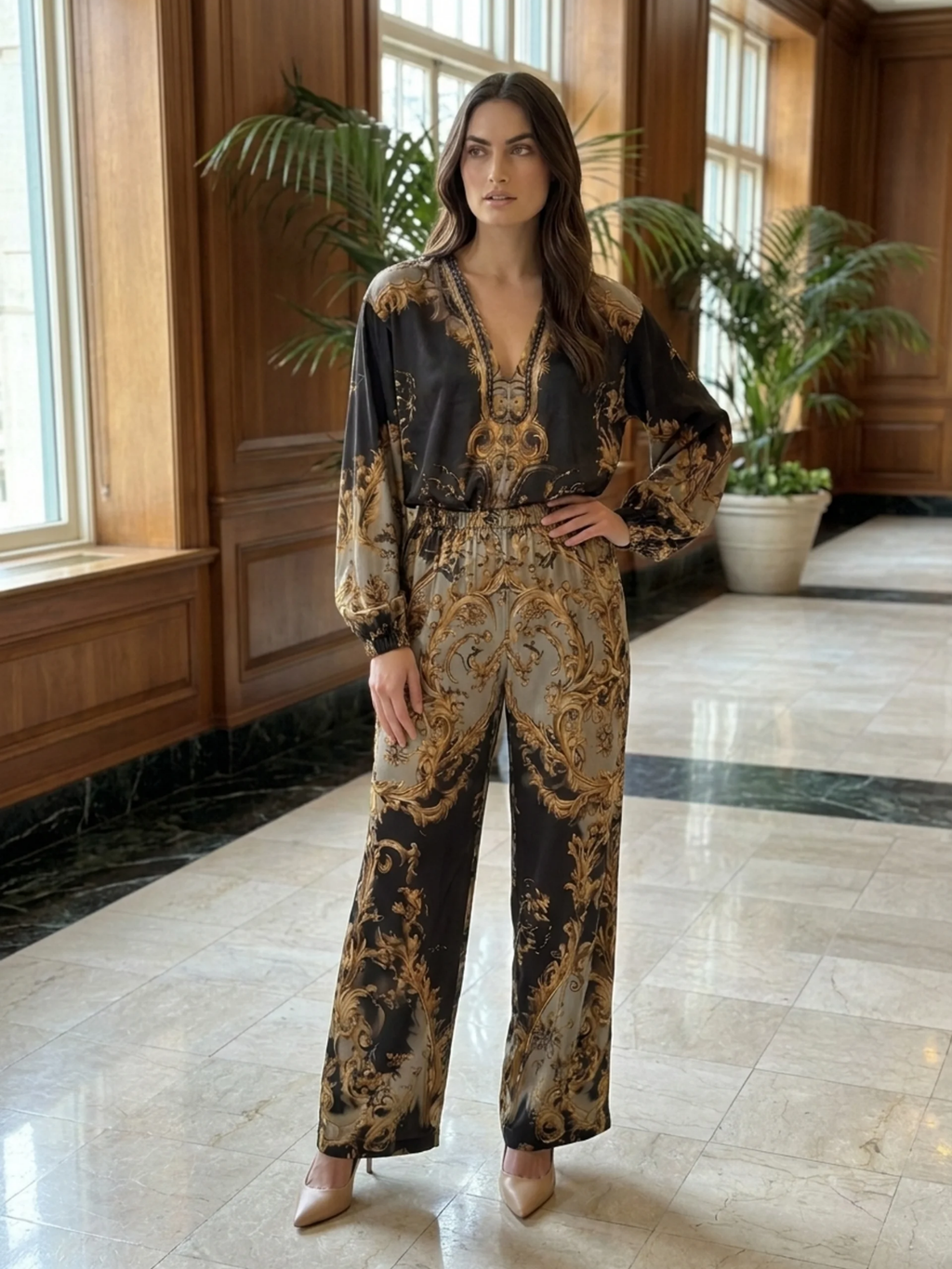 THOMASINA Women's V-Neck Baroque Print Wide Leg Trouser Set