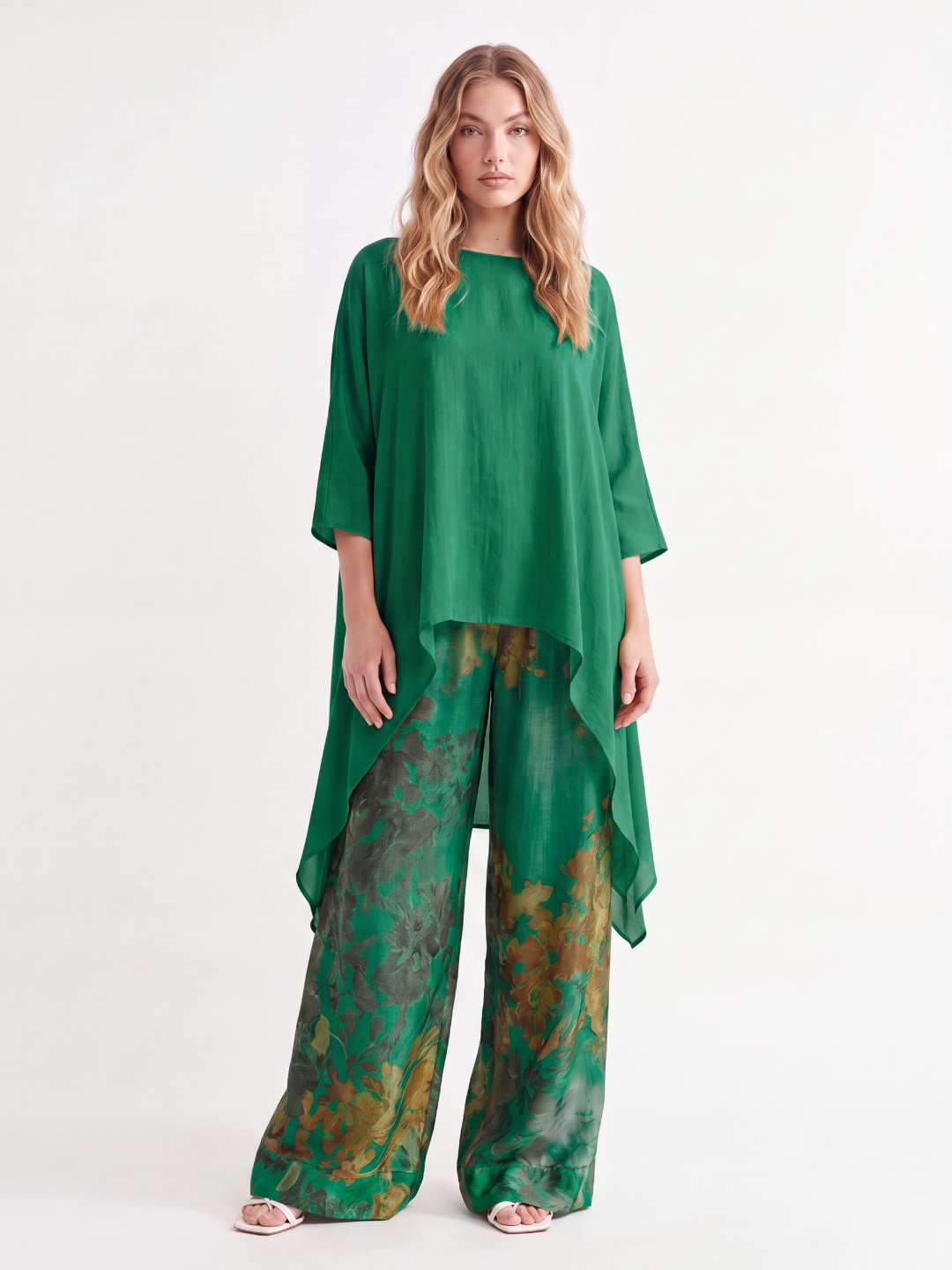 IONE Women's Asymmetric Top and Floral Print Wide Leg Pants Set
