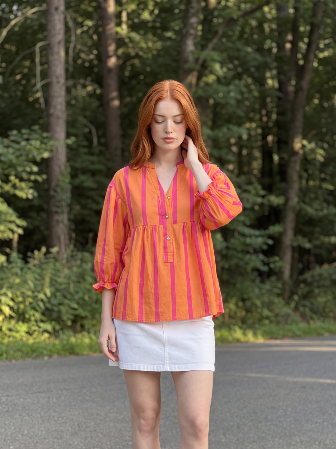 CALLA Women's Striped Notch-Neck Button-Front Peplum Blouse