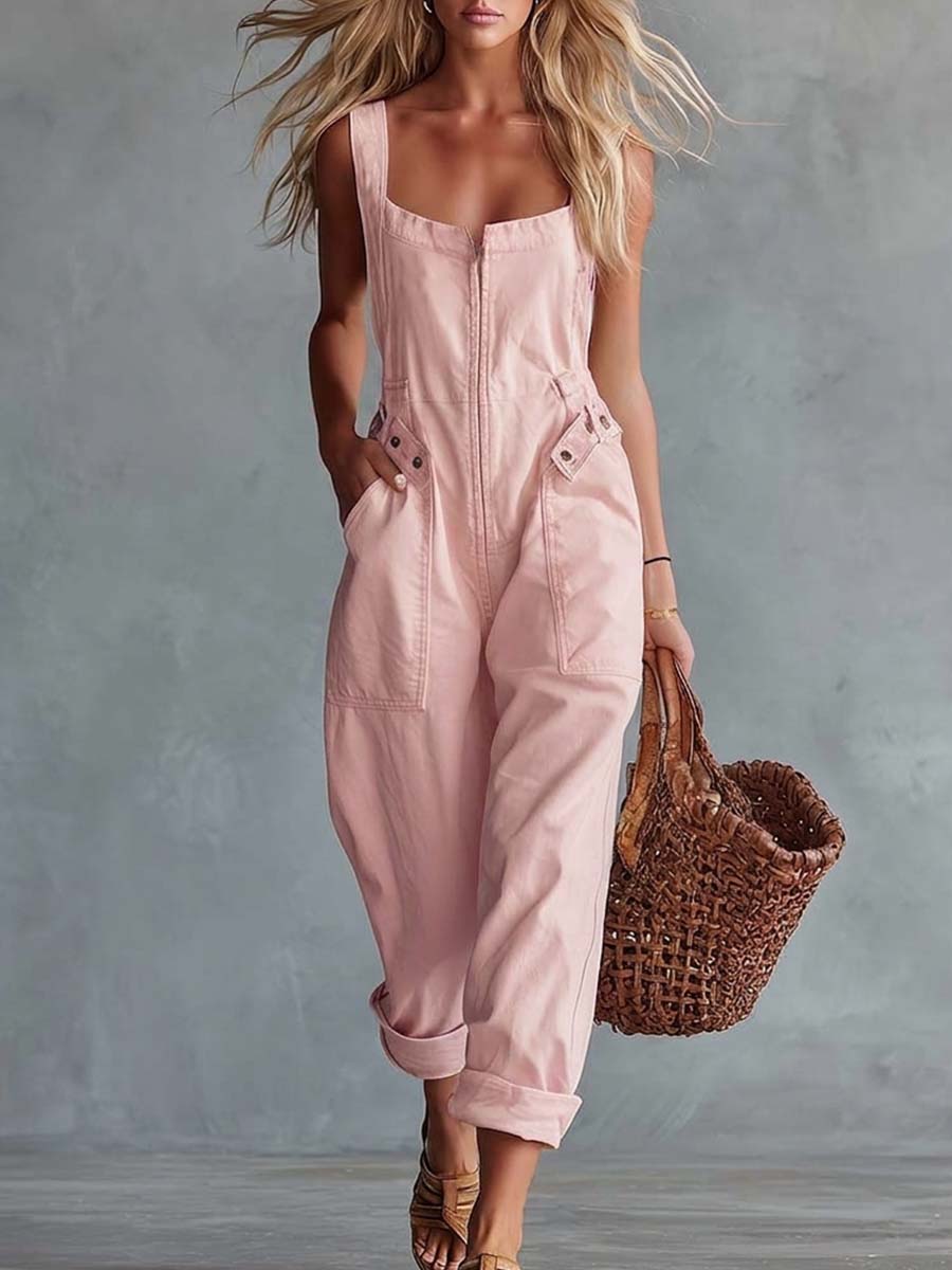 Sloane | Denim Cargo Square-Neck Jumpsuit