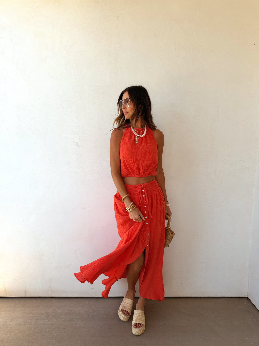 Brooklyn | Cotton Gauze Halter Crop Top Button Maxi Skirt Co-ord Set
