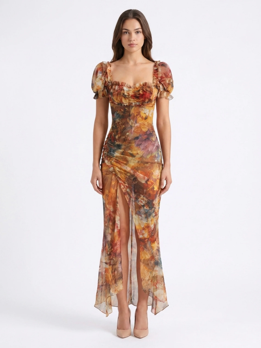 VERENA Women's Short Sleeve Floral Print Ruched Maxi Dress