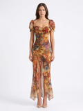 VERENA Women's Short Sleeve Floral Print Ruched Maxi Dress