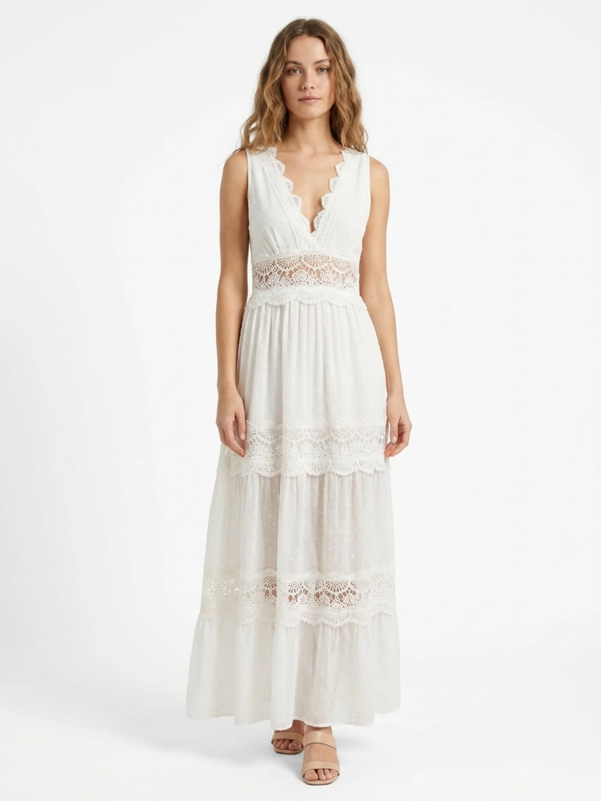 FABLE Women's Boho Lace-Panel V-Neck Maxi Dress