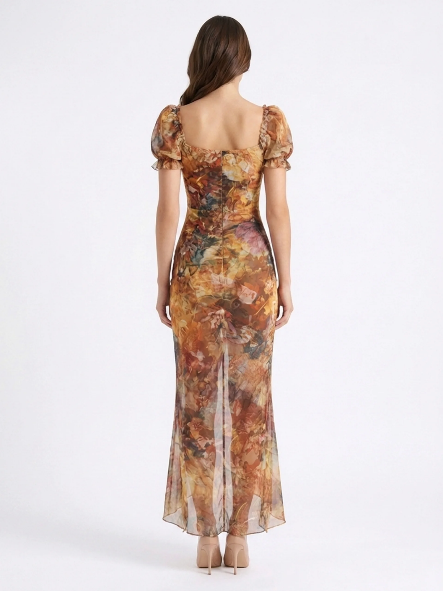 VERENA Women's Short Sleeve Floral Print Ruched Maxi Dress