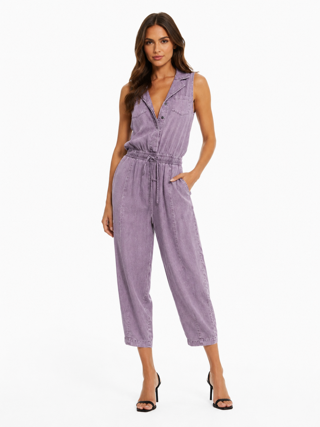 AUDRINA Women's Sleeveless Washed Denim Utility Jumpsuit