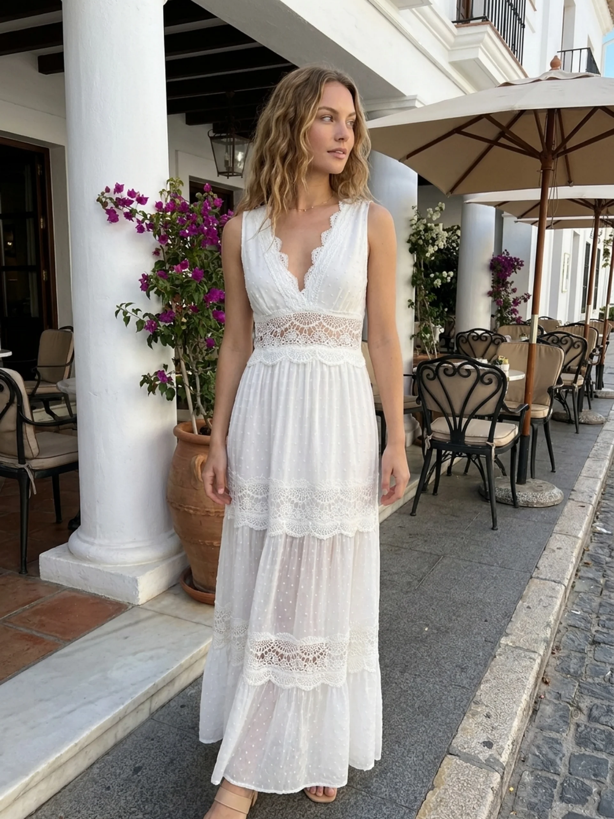 FABLE Women's Boho Lace-Panel V-Neck Maxi Dress
