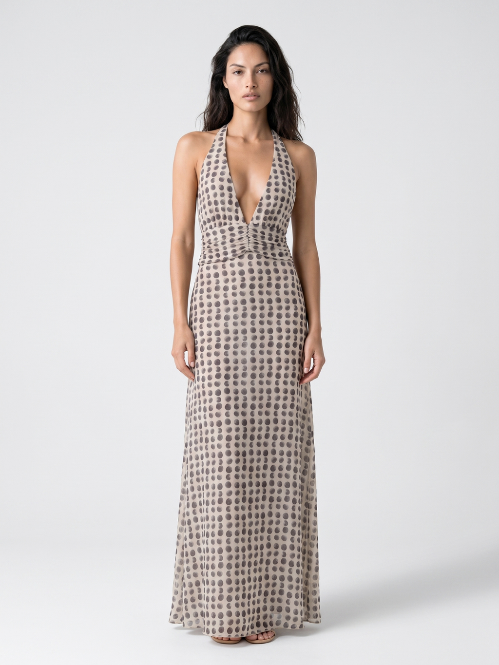Lydia | Polka Dot Halter Plunge Backless Maxi Dress