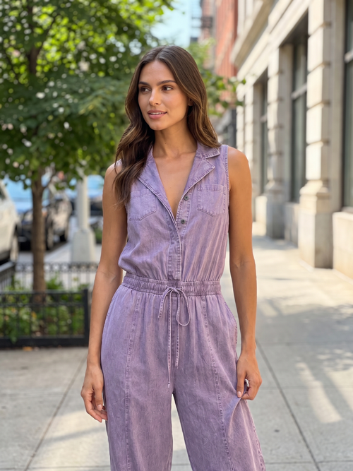 AUDRINA Women's Sleeveless Washed Denim Utility Jumpsuit