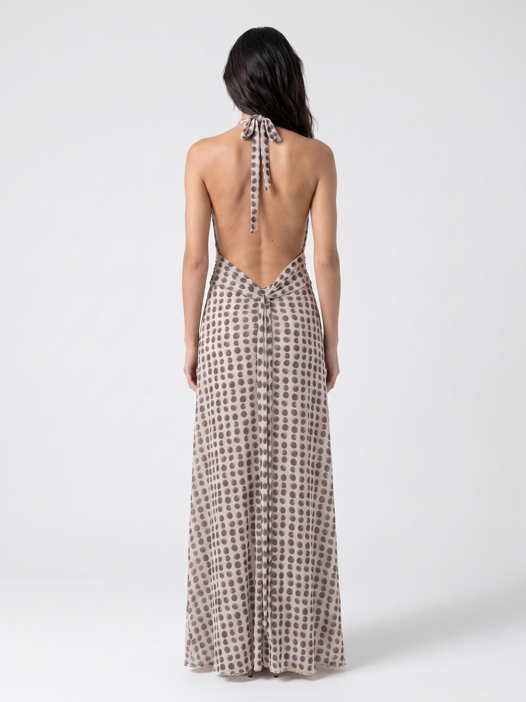 Lydia | Polka Dot Halter Plunge Backless Maxi Dress