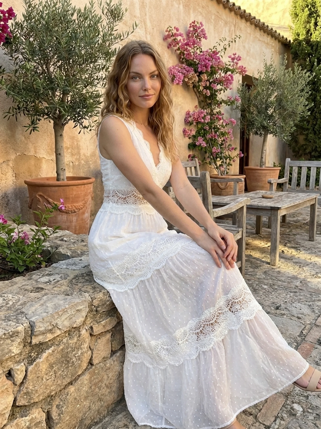 FABLE Women's Boho Lace-Panel V-Neck Maxi Dress