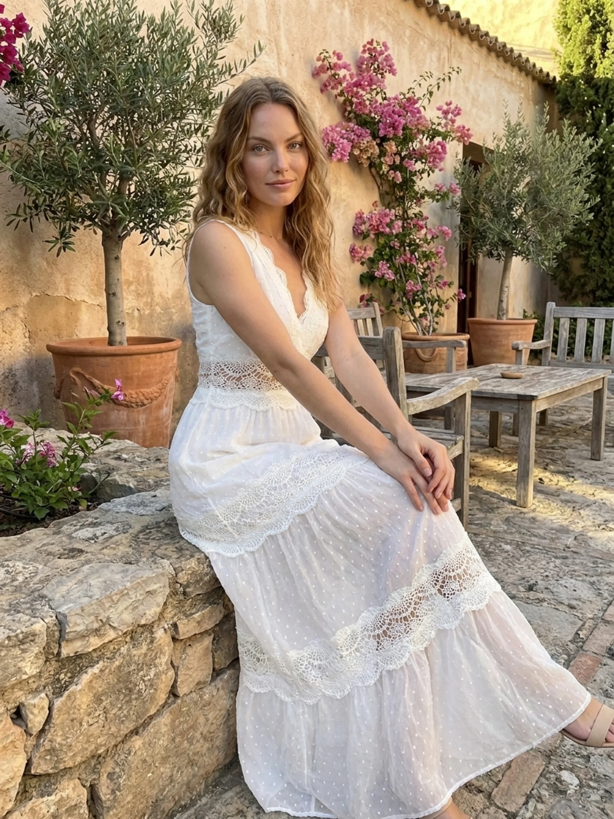 FABLE Women's Boho Lace-Panel V-Neck Maxi Dress