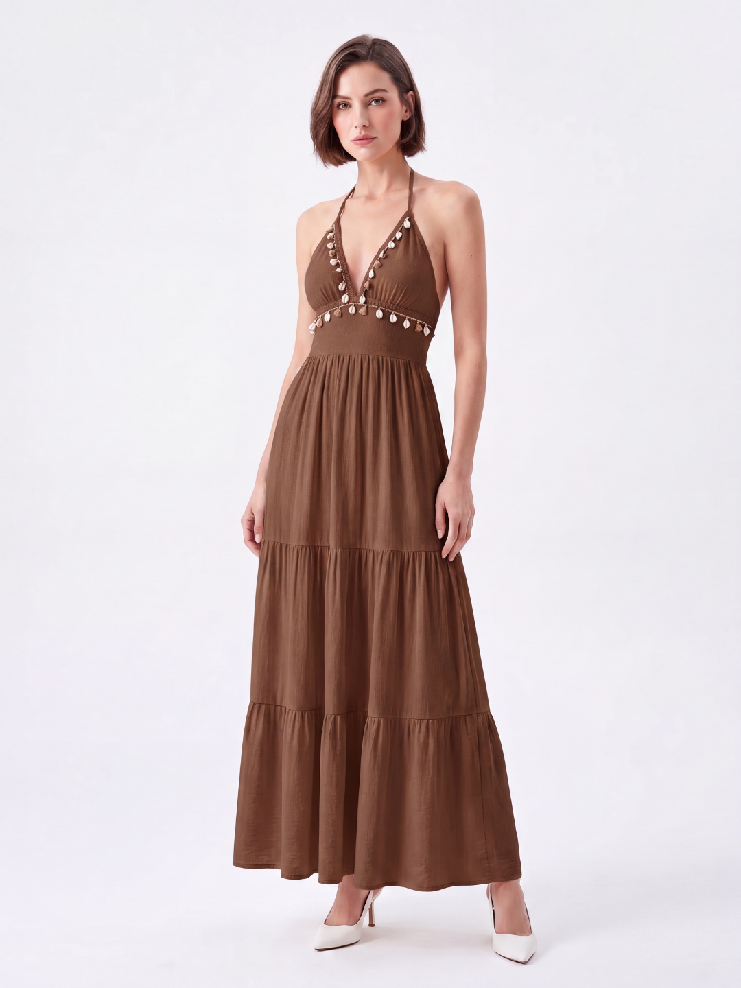 OTTILIE Women's Halter Neck Open Back Boho Maxi Dress