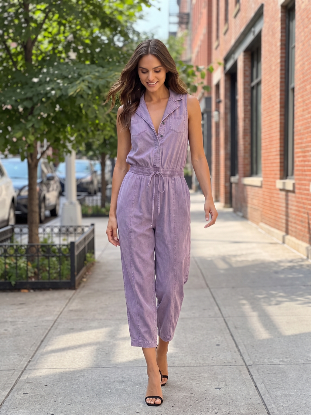 AUDRINA Women's Sleeveless Washed Denim Utility Jumpsuit